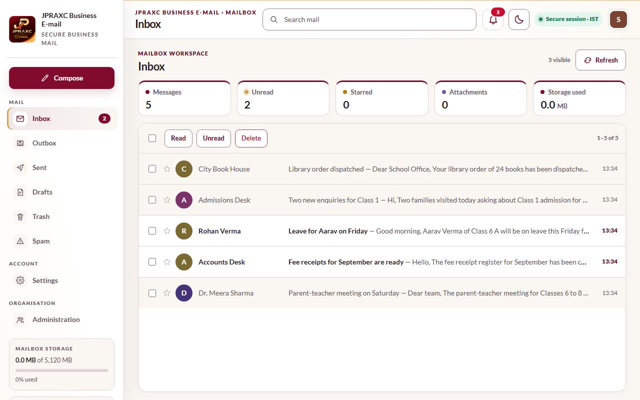 The Inbox, with the folders on the left