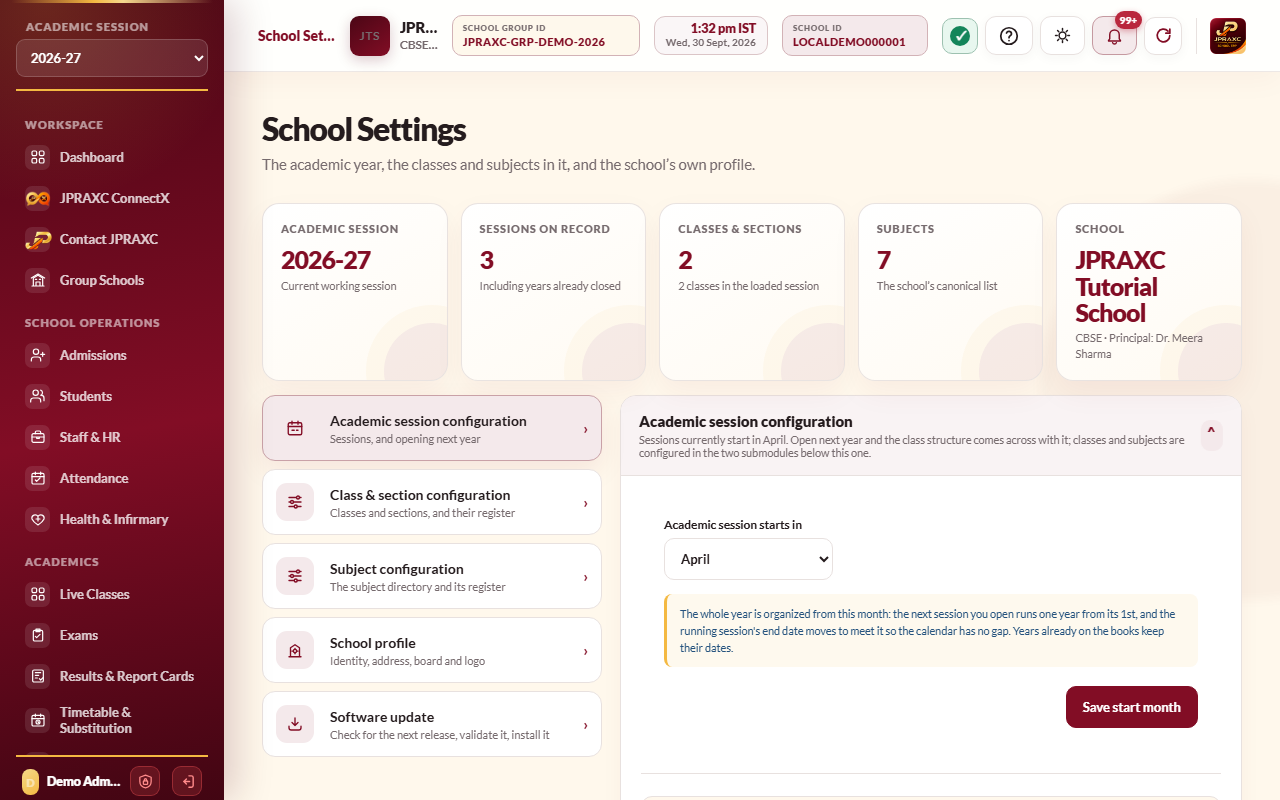 School Settings, with Academic session configuration open