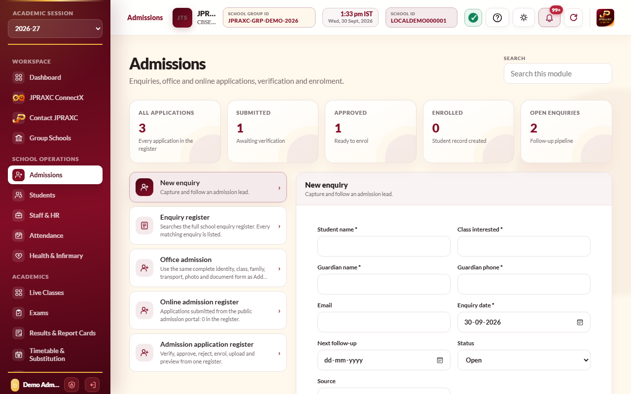 Admissions, with New enquiry open