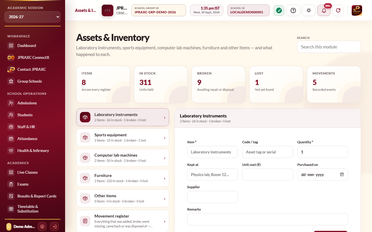 Assets & Inventory, with Laboratory instruments open
