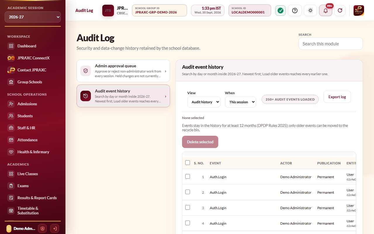 The Audit Log, with Audit event history open
