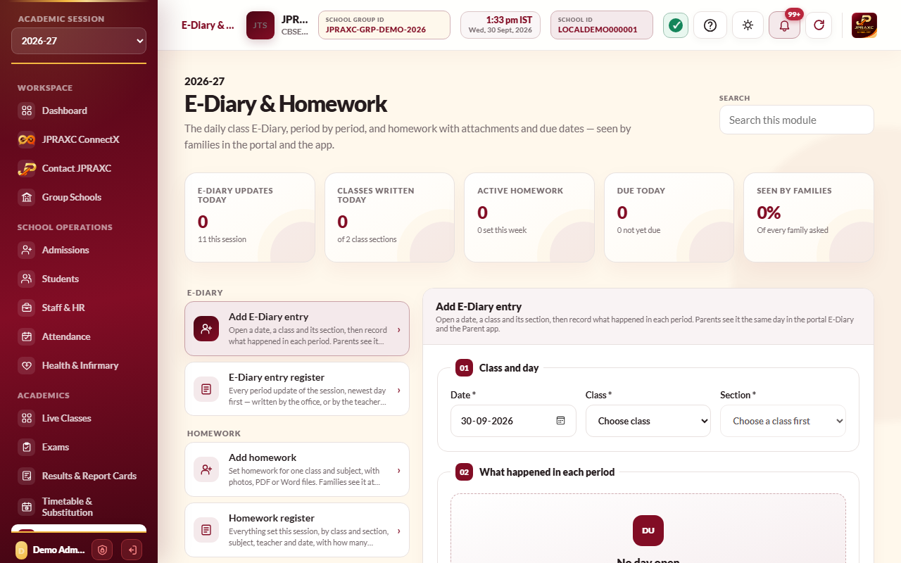 E-Diary & Homework, with Add E-Diary entry open