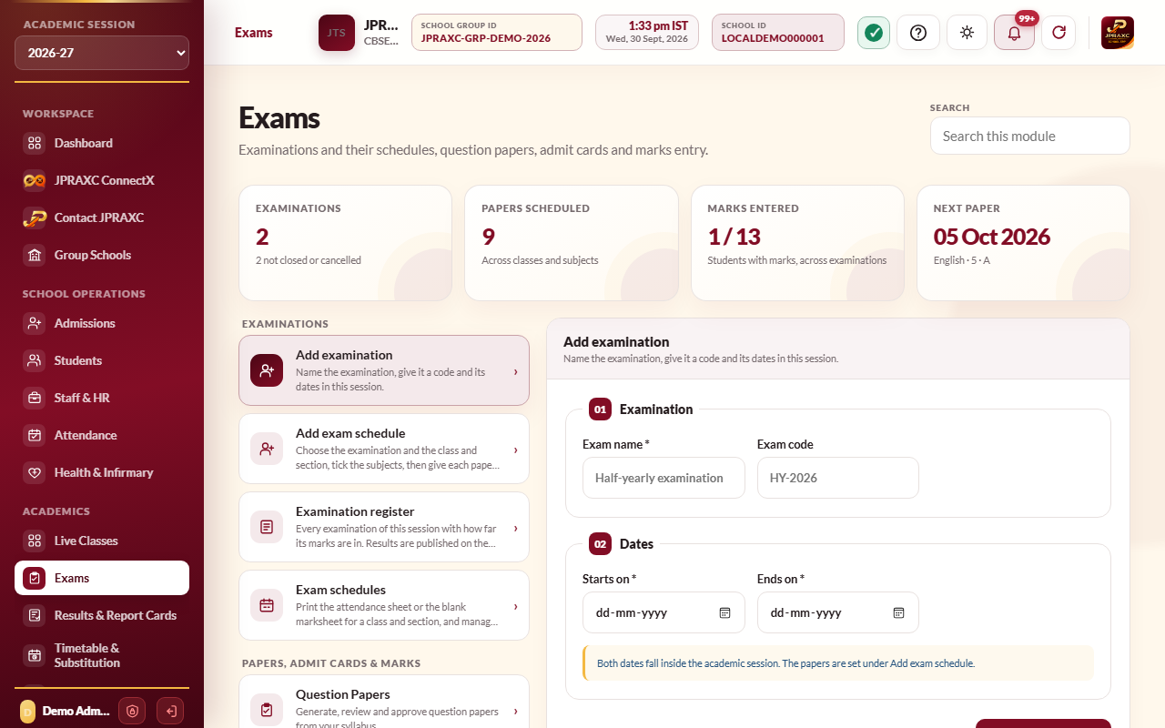 Exams, with Add examination open