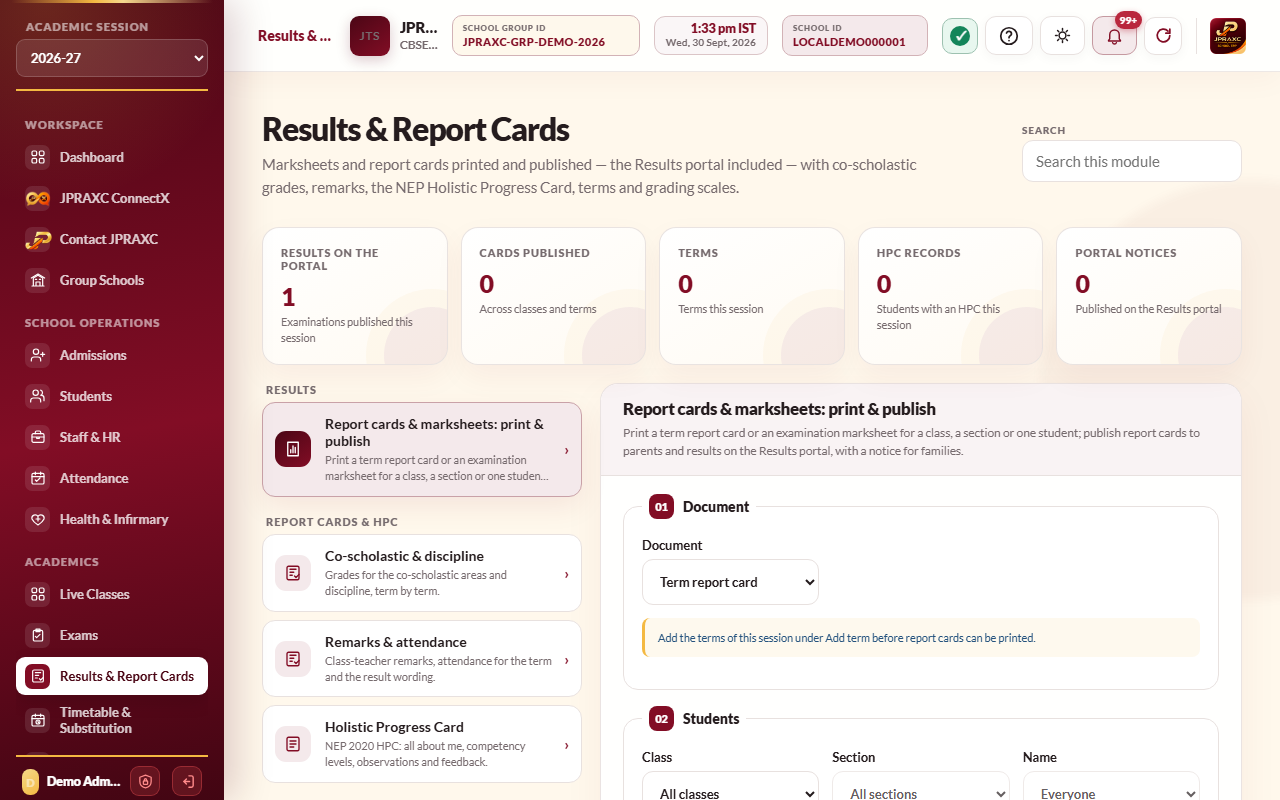 Results & Report Cards, with the print and publish pane open