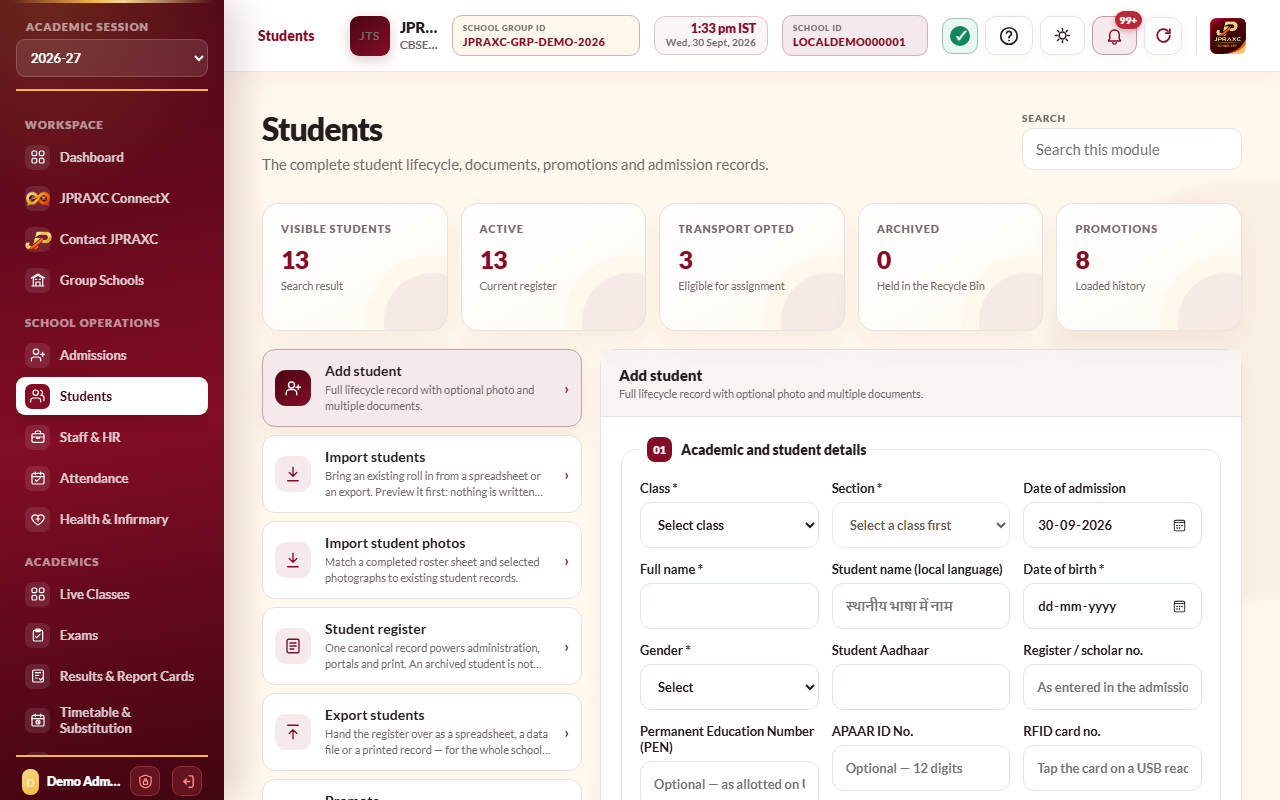 Students, with Add student open