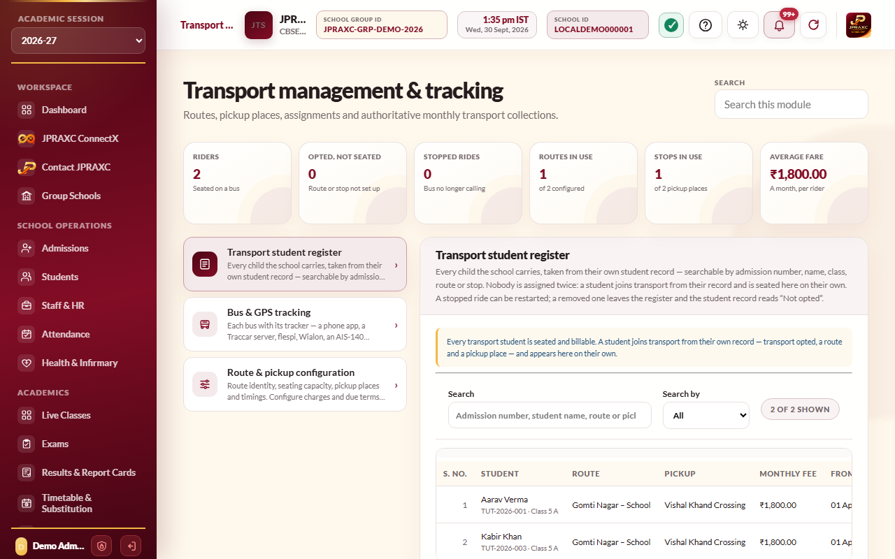 Transport management & tracking, with the Transport student register open