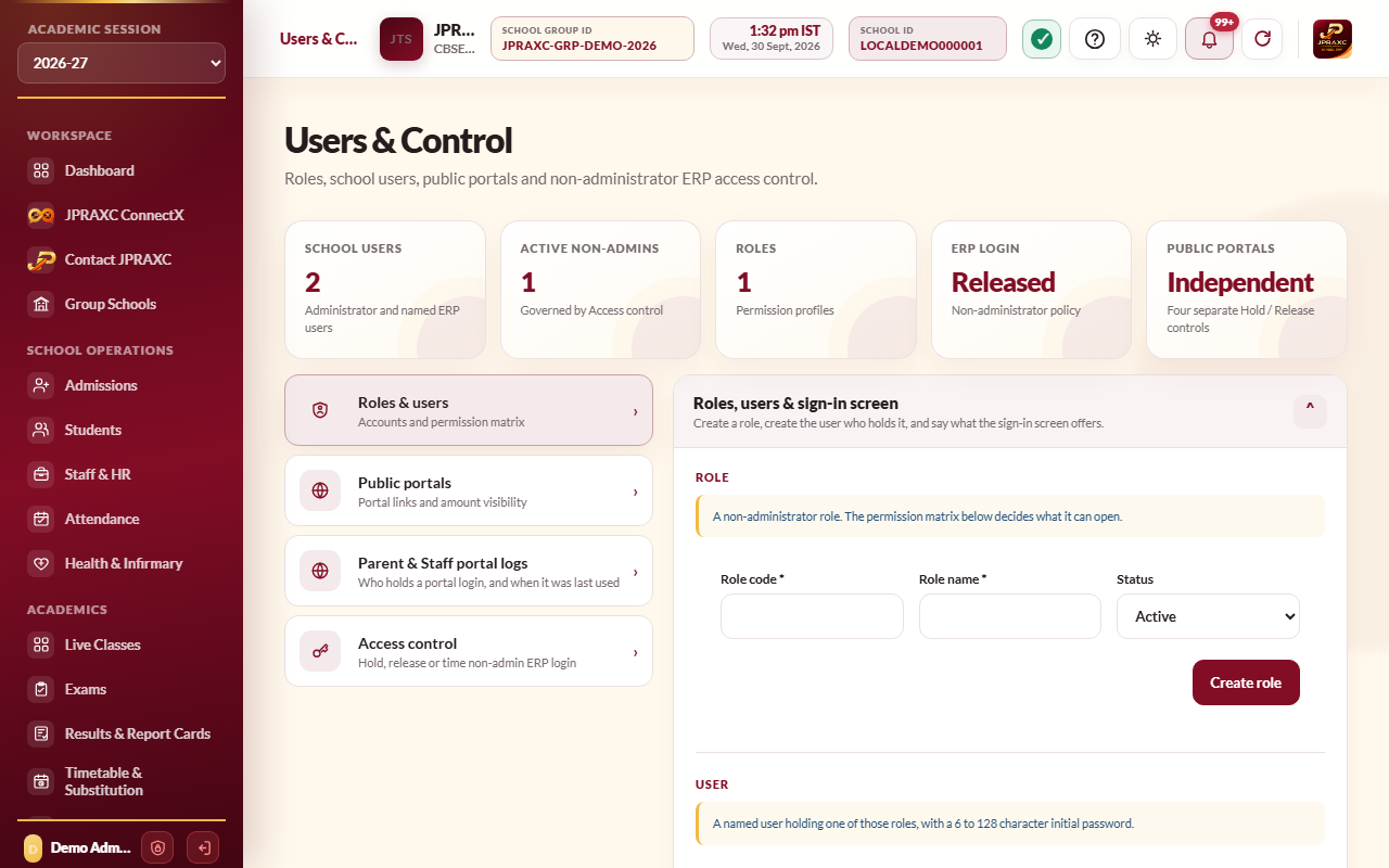 Users & Control, with Roles & users open